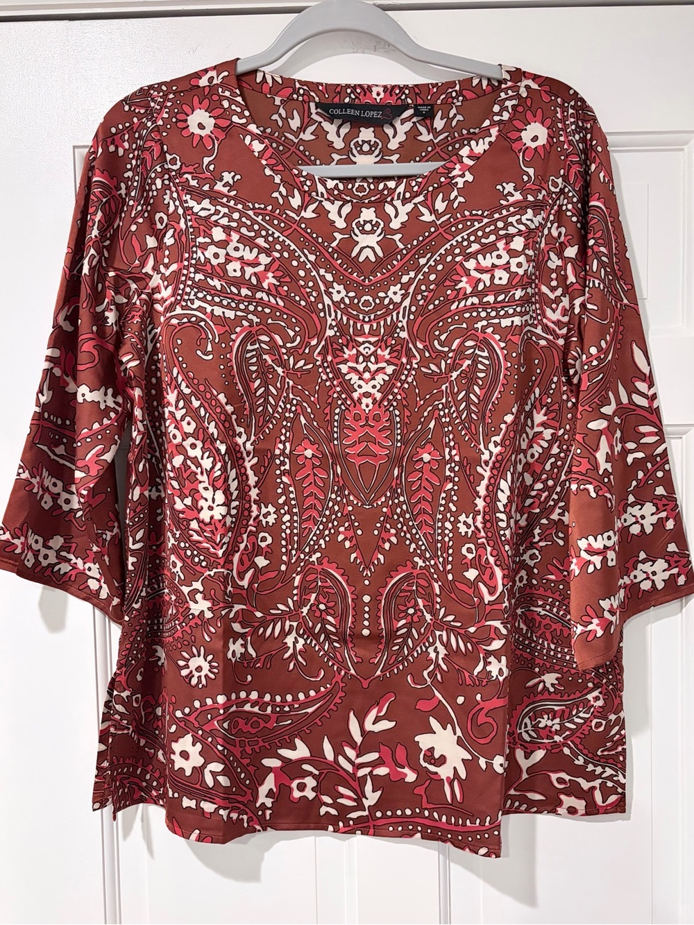 Colleen Lopez Paisley Print Silky Feel 3/4 Sleeve Blouse Size Small